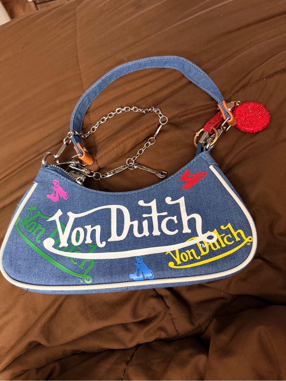 Von Dutch Blue Denim Shoulder Bag with Multicolor Logo Accents
